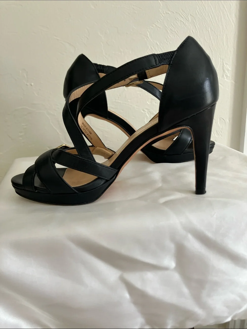 Cole Haan Black Leather Strappy High Heel Sandals with Gold Buckles